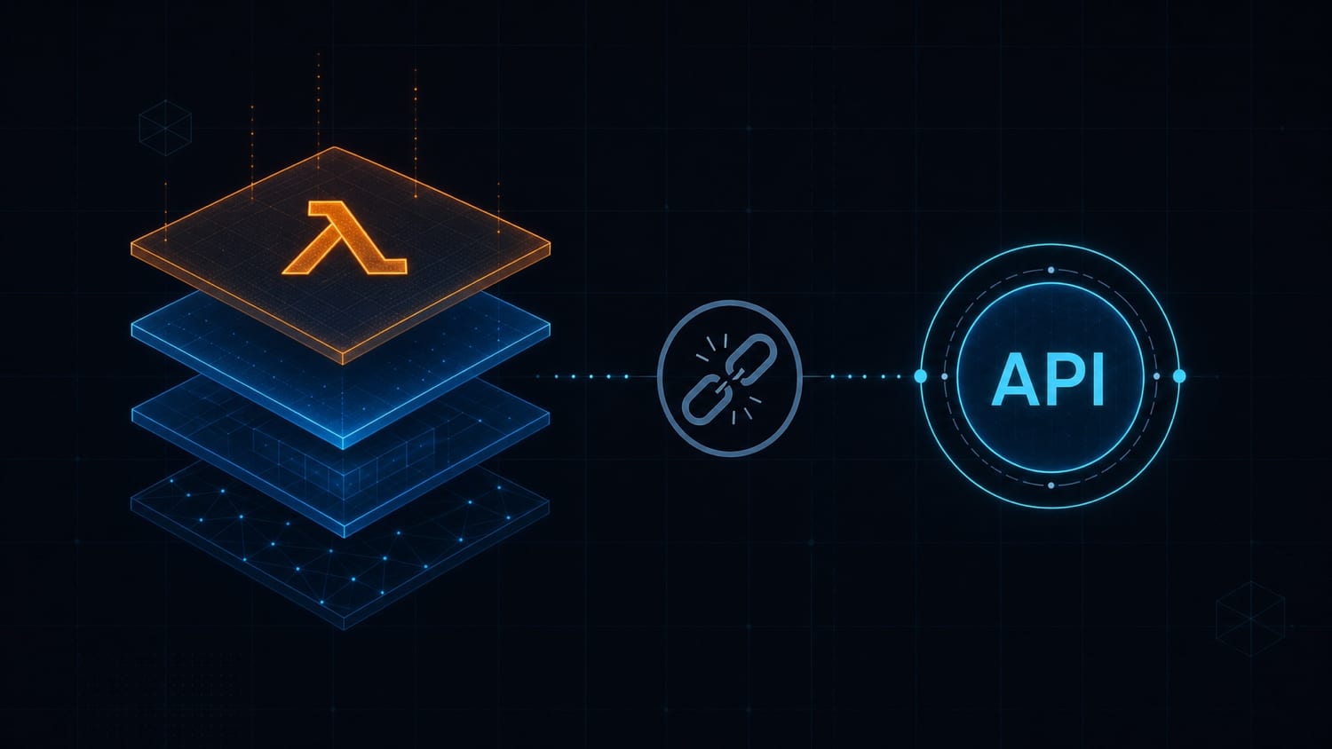 Abstract geometric layers representing serverless architecture with a broken chain and API icon on a dark blueprint grid