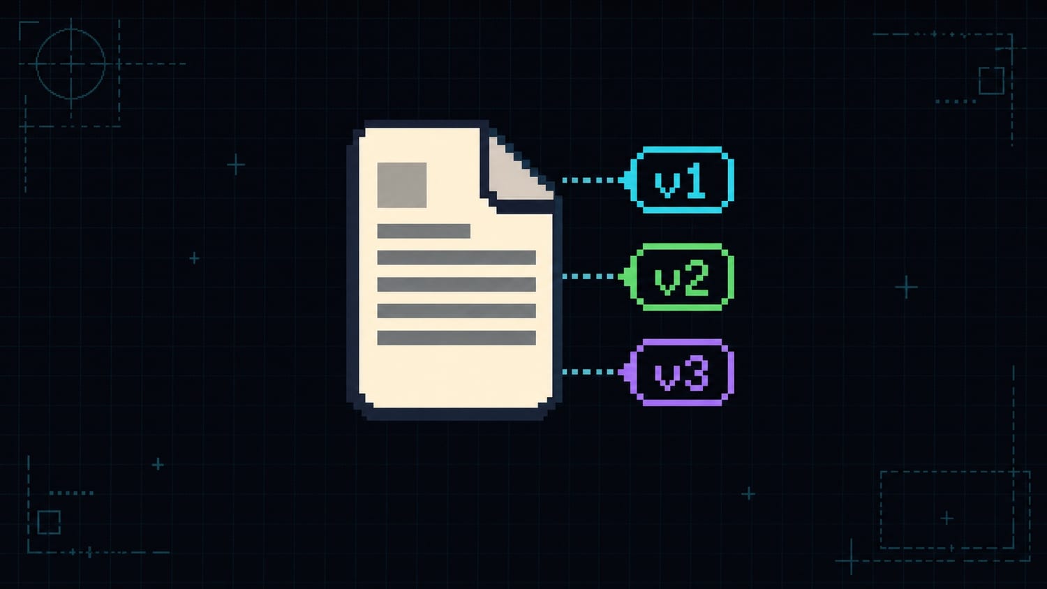 Pixel art document with version tags v1 v2 v3 on a dark blueprint grid background