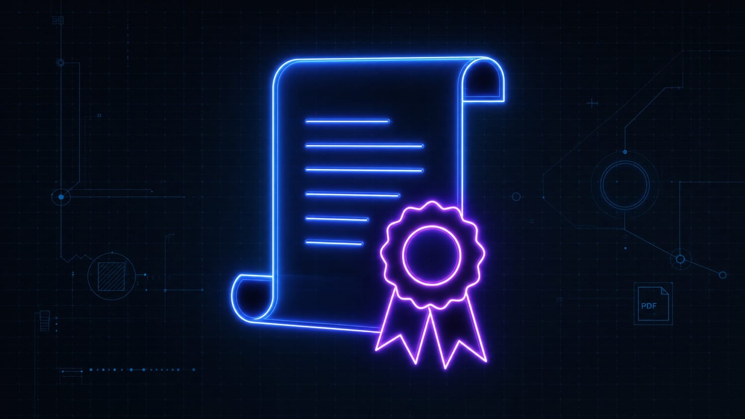 Neon glowing certificate scroll with ribbon badge in electric blue and purple on a dark blueprint grid