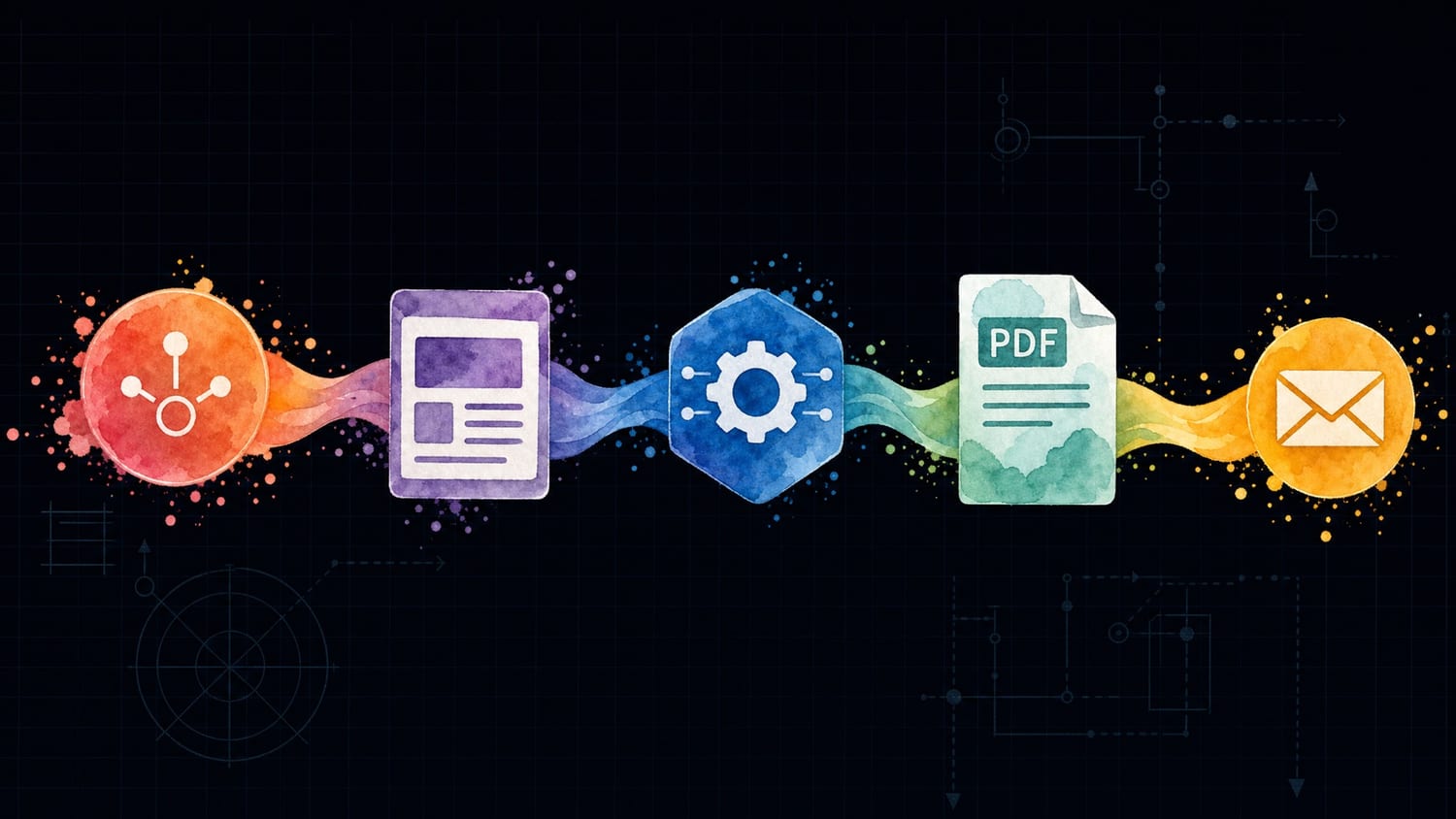 Watercolor pipeline with colorful nodes: event bubble, template card, API icon, PDF document, and email envelope on dark grid