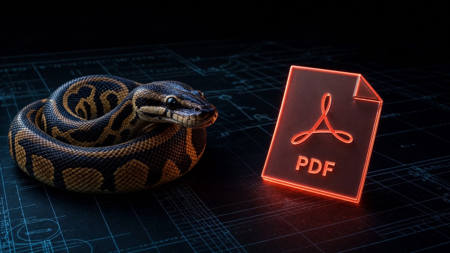 Photorealistic Python snake coiled beside a glowing PDF document on a dark blueprint grid surface