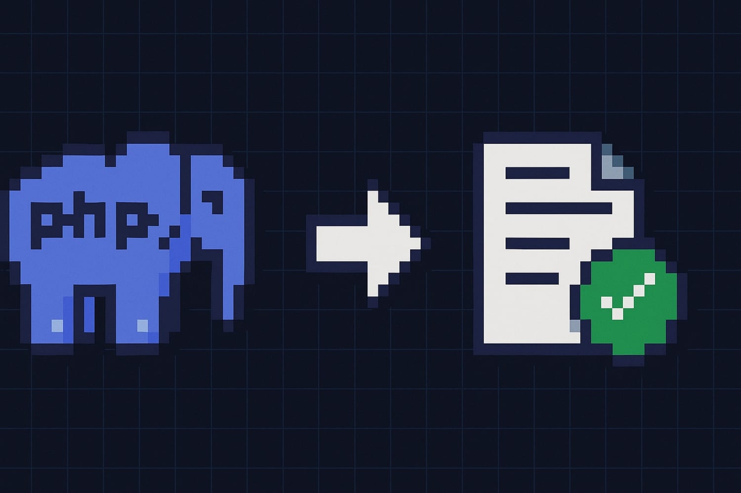 PHP elephant pixel art with arrow pointing to a PDF document with green checkmark